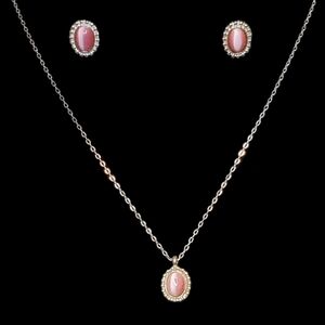 Vintage Silver-Tone Oval Pink Glass Cat's Eye Cabochon Earring & Necklace Set
